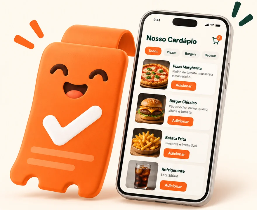 Mascote do Taanotado ao lado de um celular com o cardápio digital